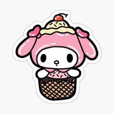 a cartoon character with an ice cream cone on her head and pink hair, sitting in a