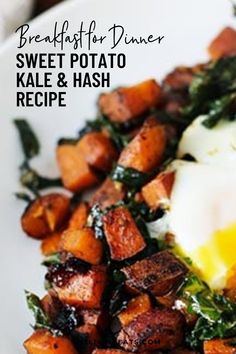 breakfast for dinner sweet potato kale and hash browns recipe with fried eggs on top