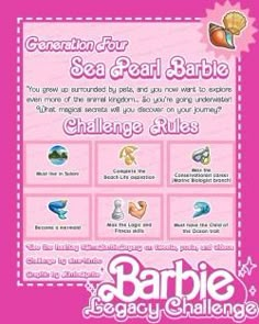 an advertisement for barbie's spa and beach barbeque challenge rules on pink background