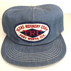 Vintage K Products Texas Refinery Corporation Trucker Snap Back Hat Fort Worth. Interior foam has deteriorated and was vacuumed out Vintage Hats With Curved Brim In Medium Wash, Vintage Distressed Hat With Short Brim, Vintage Distressed Hat With Flat Brim, Vintage Denim Hat In Medium Wash, Vintage Blue Trucker Hat With Flat Brim, Vintage Denim Cap, Affordable Vintage Blue Trucker Hat, Vintage Denim Baseball Cap, Vintage Trucker Hat With Logo Patch