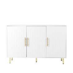 a white cabinet with gold handles and two doors on the front, against a white background