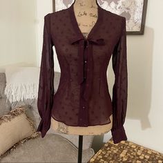 Condition: Brand New, Never Worn Fit: Xs Style: Maroon, Merlot, Deep Red/Purple Gorgeous Swiss Dot Button Up Blouse, Fabric Button Closure With Vneck Adjustable Tie Or Bow ***Bundle 2+ Items & Get 10% Off (Including Pre-Made Bundles) Plus A Free Surprise Item Based On The Style Of Your Bundle*** Fitted Burgundy Tops With Button Closure, White Work Blouse, Collared Burgundy Top With Button Closure, Black Chiffon Shirt, Classic Burgundy Button-up Shirt, Chic Purple Button-up Blouse, Burgundy Button-up Shirt With Button Closure, Green Long Sleeve Shirt, Leather Peplum