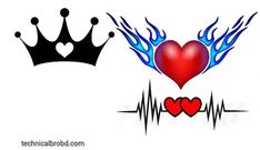 two hearts with wings and a crown on top of each other, both have flames coming out of them