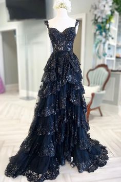 Navy Blue Prom Dress, Sequin Sleeve, Lace Layers, Blue Tulle, فستان سهرة, Custom Size Dresses, A Line Prom Dresses, Prom Dresses Lace, Prom Dresses Blue