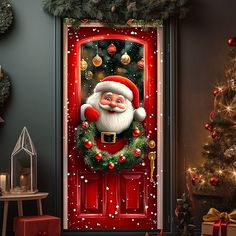 a door decorated with christmas decorations and santa clause