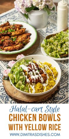 chicken bowls with yellow rice and lettuce