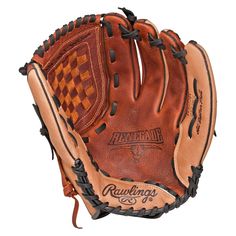 a brown and black baseball glove with the words rawlings on it's side