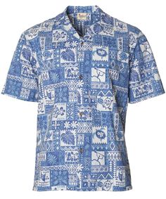 Islander Tapa Poly Cotton Shirt Blue Royal Creations Easy Wear Dresses, Business Casual Shirts, Hawaii Usa, Tropical Shirts, Hawaiian Outfit, Rayon Shirt, Wedding Shirts, Shell Buttons, Coconut Shell