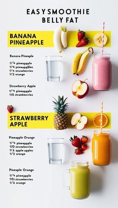 The image features two main smoothie recipes aimed at reducing belly fat: Banana Pineapple and Strawberry Apple. Each recipe includes a list of ingredients and their quantities, along with images of the ingredients and the final smoothie in a jar. The text in the image reads: "EASY SMOOTHIE BELLY FAT," and the individual recipes are labeled accordingly. Belly Fat Smoothies, Yummy Smoothie Recipes, Easy Smoothie Recipes, Easy Smoothies, Flat Tummy, Yummy Smoothies, Fat Burning Foods, Healthy Ingredient, Stubborn Belly Fat