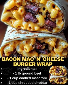 Bacon Mac 'n' Cheese Burger Wrap Mac And Cheese Wrap, Bacon Wrapped Mac And Cheese, What To Make With Bacon, Burger With Mac And Cheese, Mac And Cheese Burrito, Bacon Mac And Cheese Wrap, Bacon Mac And Cheese Burger Wrap, Bacon Macaroni Cheeseburger Wrap, Bacon Mac N Cheese Burger Wrap