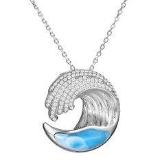 Surf's up with this gorgeous larimar necklace. The shape of a rushing wave is captured in sterling silver, studded with sparkling cubic zirconia, and emphasized by a slice of gorgeous blue larimar. - A single slice of blue larimar pairs with 70 cubic zirconia crystals, set in finely crafted sterling silver for a lifetime of wear- Free cleaning and inspection at Day's for the life of this larimar wave necklace Wave Pendant, Wave Necklace, Hawaiian Jewelry, Larimar Pendant, Larimar Stone, Cz Pendant, Ocean Wave, Caribbean Sea, Sterling Silver Chains