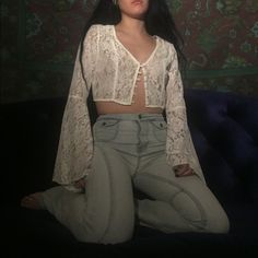 Lovely White Lace Top, Buttons Down The Front And Sleeves Flare Dramatically Sheer Design, Perfect For Beachwear Or Evening Wear On Top Of Bell Bottoms And Platform Shoes Beautiful Condition, Barely Worn. Blue Jeans In The Photos Are Also For Sale! #Coverup #Beachattire #Laceblouse #Whitelace #Boho #Witchy #Stevienicks #Croppedtop #Bellsleeves Fitted Bohemian Blouse With Button Closure, Fitted Bohemian Top With Button Closure, Cropped Blouse For Festivals, Cropped Blouse For Festival, Cropped Button Down, Beach Attire, Verge Girl, White Lace Top, Lace Blouse