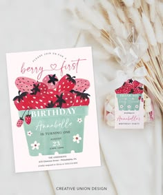 a birthday card with strawberries in a flower pot