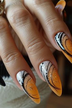 Retro Nail Art, Festive Nail Designs, Feather Nails, Orange Nail Designs, Orange Nail, Nails Sparkle, Retro Nails, Fancy Nails Designs, Vibrant Nails