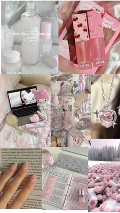 a collage of pink and white items including perfumes, lipstick bottles, nails