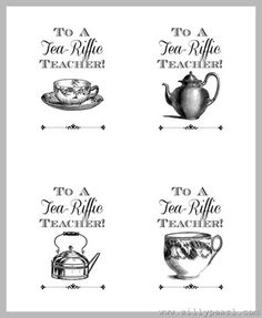 four different tea kettles with the words to a tea - riddle teacher on them