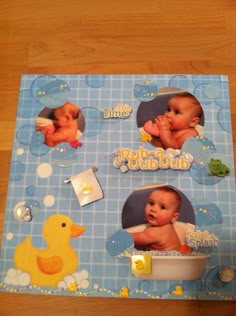 a baby's photo with rubber ducks on it