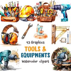 watercolor tools and equipment clipart for graphic projects, such as construction hats, wrenches, hammers, screwdrivers, etc