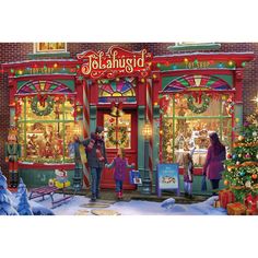 a christmas scene with people standing in front of a store