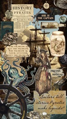 a collage with an octopus, pirate ship and other things on it's side