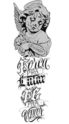 the back side of a tattoo design with an angel on it and words written in cursive writing