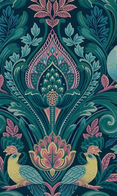 an intricately designed wallpaper with birds and flowers in blue, pink, yellow and green