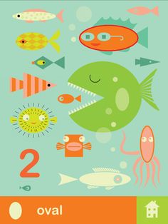 an image of different types of fish and sea creatures on a blue background with the words o