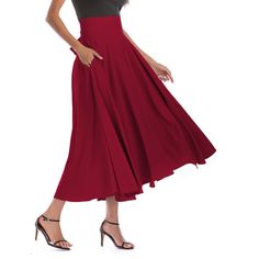 Burgundy High Waisted Swing A-line Maxi Skirt A-line Pleated Skirt With Pockets, Chic A-line Maxi Skirt In Solid Color, Red Pleated A-line Maxi Skirt, Flowy A-line Maxi Skirt In Solid Color, Flowy A-line Maxi Skirt With Pockets, Elegant A-line Mini Skirt Solid Color, Fitted A-line Mini Skirt With Pockets, A-line Bottoms With Wide Waistband And Flowy Skirt, Flowy A-line Skirt In Solid Color