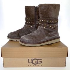 Add Rockstar Style To Your Favorite Comfortable Boots With The Ugg Clovis Boot. This Chic Ugg Design Has The Same Cozy Comfort Of The Classic Style, But With A Studded Suede Wrap Around The Shaft. The Super-Soft, Comfortable Feel Of The Clovis Boot Plus A More Edgy And Eye-Catching Look. Zipper Closure Sheepskin Covered Insole Studded Suede Belt Around Shaft Light Eva Outsole Sheep And Lamb's Fur Lining Adds Cozy Warmth Cushy Foam Insole For Support Silky Suede Upper Material Rockstar Chic, Rockstar Style, Suede Belt, Comfortable Boots, Comforters Cozy, Womens Uggs, Ugg Shoes, Wrap Around, Thrift Store