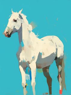 a painting of a white horse on a blue background