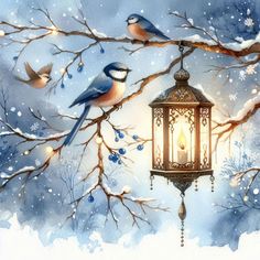 two birds sitting on a tree branch next to a lantern and some branches with snow