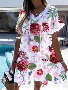 Women's 2024 Floral Dress Summer Holiday Flower Print V-Neck Short Sleeve Boho Beach Dress Pink V-neck Dresses For Vacation, Multicolor V-neck Beach Dress With Floral Print, Casual V-neck Mini Dress For Vacation, V-neck Mini Dress With Floral Print For Beach Season, Pink V-neck Vacation Dress, Pink V-neck Dress For Vacation, Casual Multicolor Beach Dress With Floral Print, Pink Floral V-neck Summer Dress, Casual Multicolor Floral Dress For Vacation