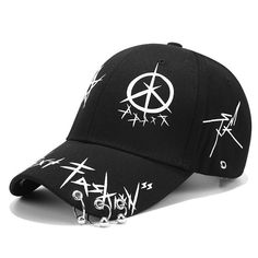 a black baseball cap with white letters and barbed wire around the front, on a white background