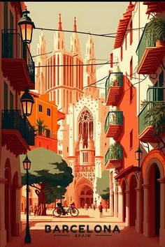 an illustration of barcelona, spain with the cathedral in the background and people walking down the street