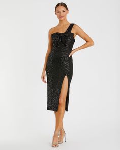 Sequined One Shoulder Front Bow Dress Fitted Black One-shoulder Sequin Dress, Front Bow Dress, Black Sequin One-shoulder Dress, Black Embellished One-shoulder Party Dress, Off-the-shoulder Cutout Sequined Slim-fit Mini Evening Dress, Luxury Black V-neck Sequin Dress, Bow Dress, Mesh Overlay, Mac Duggal