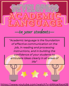 a pink poster with the words developing language in your student's handwritten description