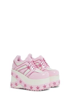 make a wish, babe! These super sweet platform sneakers have adjustable lace-up closures and glitter star details all over. Cute Aesthetic Items, Cute Pink Sneakers, Kawaii Stuff To Buy, Y2k Pink Fashion, Kawaii Platform Shoes, Pink And White Shoes, Preppy Boots, Shoes For Me