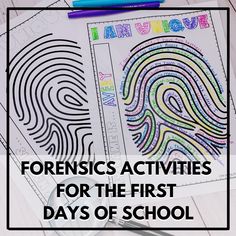 two coloring pages with the words, forensics activities for the first days of school