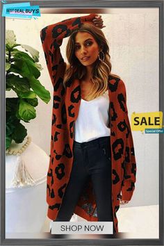 Leopard Knit Cardigan Sweater Coat Chic Fall Cardigan, Chic Acrylic Fall Cardigan, Chic Brown Long Sleeve Sweater Coat, Fall Acrylic Knitted Sweater Coat, Fall Knitted Acrylic Sweater Coat, Knitted Acrylic Sweater Coat For Fall, Oversized V-neck Acrylic Outerwear, Brown Knit Outerwear For Fall, Casual Brown V-neck Sweater Coat