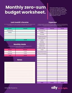 a purple poster with the words,'month zero sum budget worksheet '