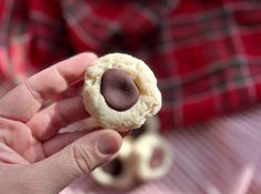 a hand holding a small cookie with chocolate on it's center and the top half of its shell