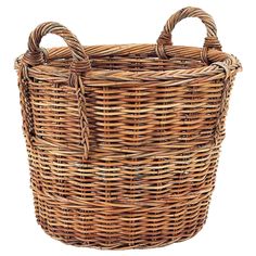 a brown wicker basket with handles on a white background