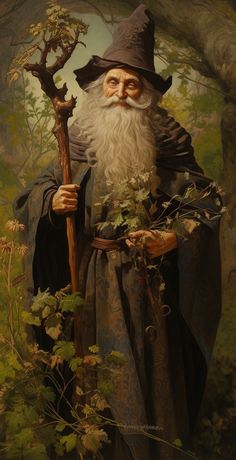 a painting of an old wizard holding a staff