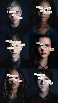 the faces of people with words taped to them