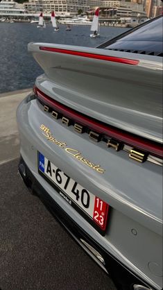 the rear end of a silver porsche car parked in front of a body of water