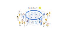 people standing in front of a large round object with the google cloud logo above it