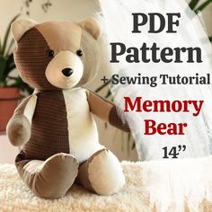 This Memory Bear sewing pattern is specially designed to make a sentimental Keepsake Bear that holds a special place in your heart. With this easy to follow PDF bear sewing pattern you can craft a touching memorial bear, capturing the essence of your beloved memories. INSTANT DOWNLOAD PATTERN for a memory bear. Includes BONUS pattern for teddy bear pants and instructions how to use safety eyes! You receive immediately: - NEW and IMPROVED PDF memory bear sewing instructions with plenty of clear photos - Memory bear pattern with all lines remade so it's easier to follow - Original instructions - Pants sewing pattern and detailed instructions - Easy to read step-by-step directions how to attach safety eyes ⁕ Your finished bear will be 18 inches (46 cm) from top of head to toe; 13 inches (33 c Patchwork Teddy Bear Pattern, Memory Bears Pattern Free Printable, Diy Teddy Bear Easy, Diy Teddy Bear Pattern, Simple Teddy Bear Pattern, Free Memory Bear Sewing Pattern, Memory Crafts From Clothes, Bear Patterns Free Sewing, Teddy Bear Pants