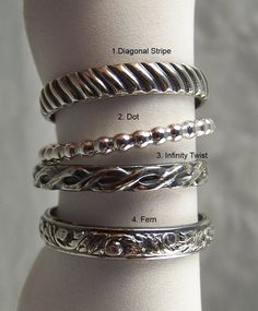 Or visit our new store :http://www.OurEarthStudio.etsy.comIn this listing you may choose one of four stacking rings.These are all made of solid 925 sterling silver.You get to choose one from:1. Diagonal Stripe / 4 mm wide2. Dot ( only in polished bright )1.5 mm wide3. Infinity Twist / 2 mm wide4. Fern / 4 mm wideThese are all polished bright, if you would prefer Oxidized please send a note to me upon payment.Please message me if you have a rush order and I will make it for you ASAP!Thank you! Sterling Silver Stacking Rings, Soldering Jewelry, Silver Stacking Rings, 925 Ring, Ring Stacking, Pretty Jewelry, Delicate Rings, Christmas 2022, Oxidized Sterling Silver