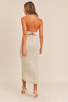 Linen open back sleeveless halter crop top with back tie, midi front side drawstring skirt. linen/cotton Chic Sleeveless Linen Halter Top, Chic Linen Sleeveless Halter Top, Fitted Linen Halter Neck Top, Fitted Linen Halter Top, Chic Cropped Beach Dress, Chic Linen Halter Neck Top, Chic Linen Halter Top, Fitted Summer Halter Top With Lace-up Back, Beach Halter Top In Linen