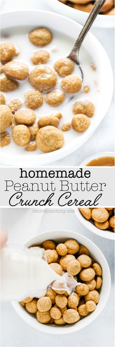 homemade peanut butter crunch cereal in a bowl with milk being poured on top and the recipe below